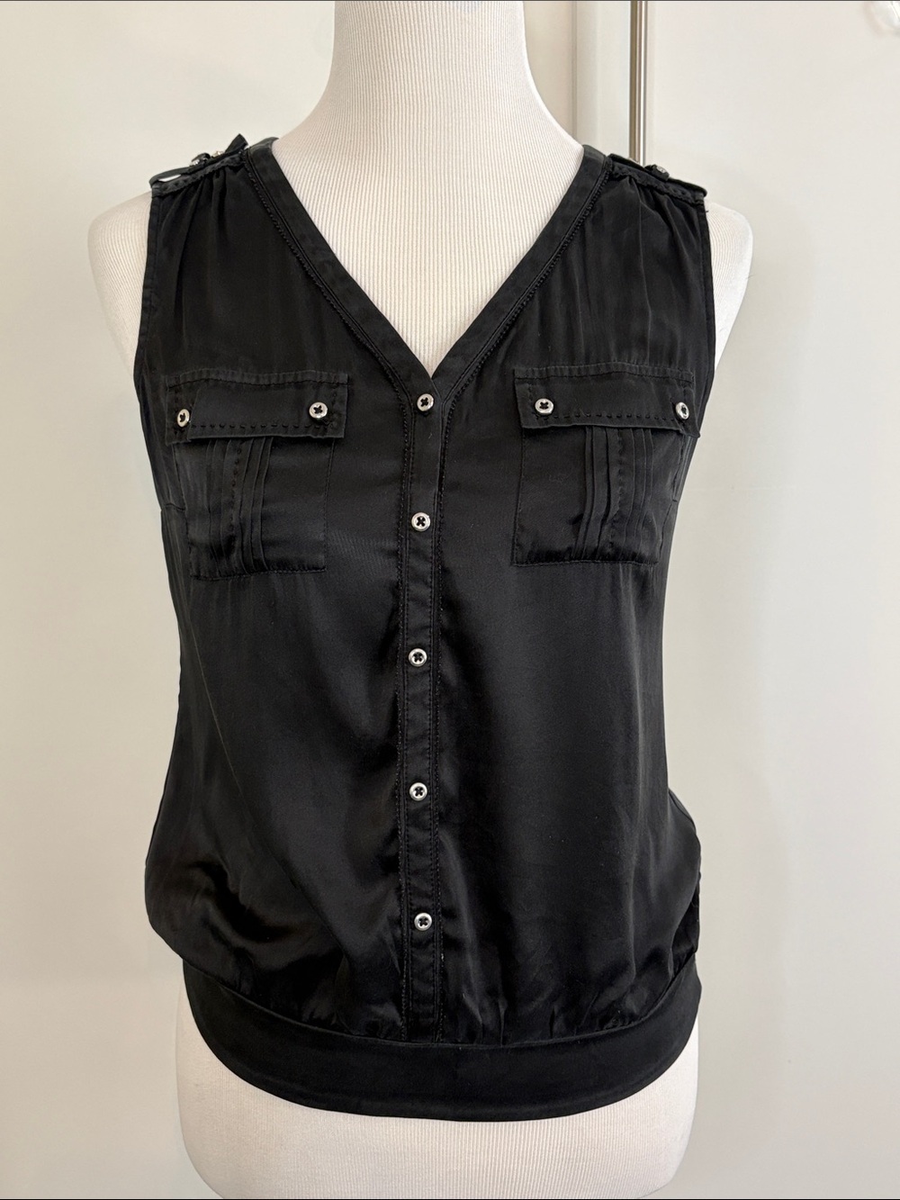 Silk Stretch Black Sleeveless V-Neck Button Embellished Top 0